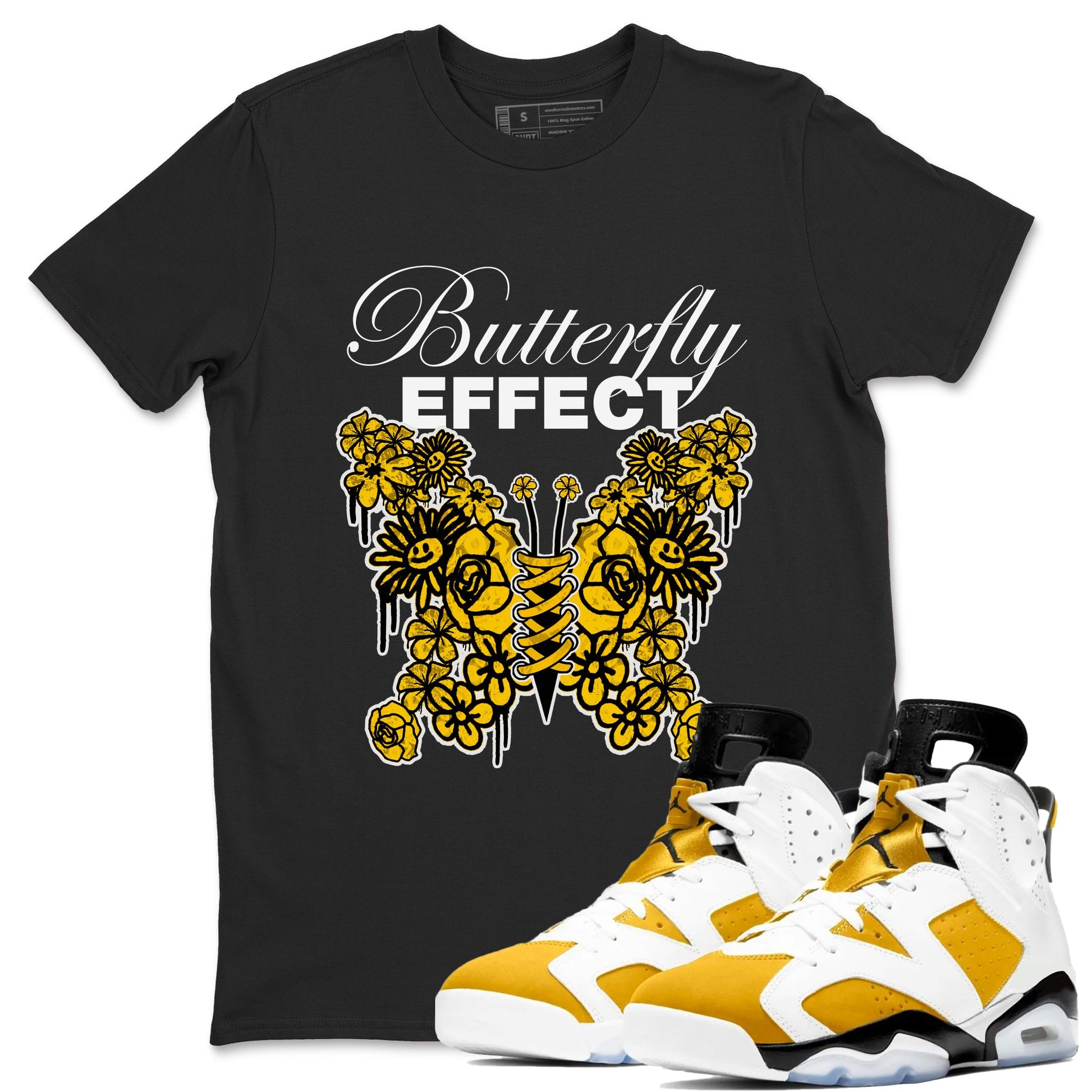 Air Jordan 6 Yellow Ochre shirt to match jordans Butterfly Effect sneaker tees AJ6 Yellow Ochre SNRT Sneaker Release Tees Unisex Black 1 T-Shirt