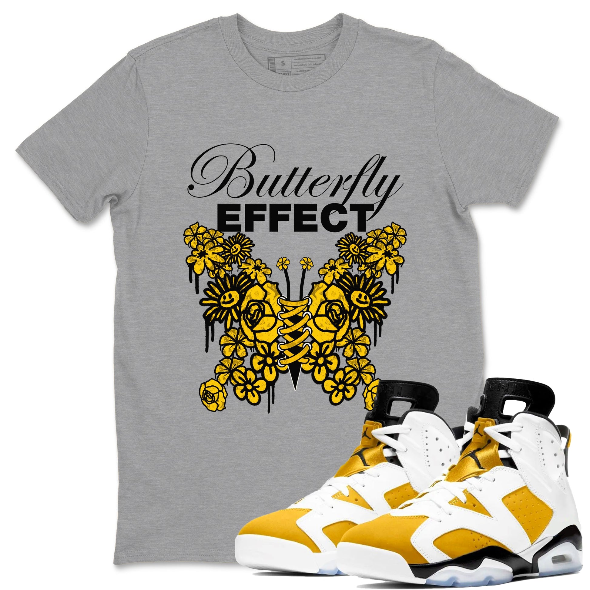 Air Jordan 6 Yellow Ochre shirt to match jordans Butterfly Effect sneaker tees AJ6 Yellow Ochre SNRT Sneaker Release Tees Unisex Heather Grey 1 T-Shirt