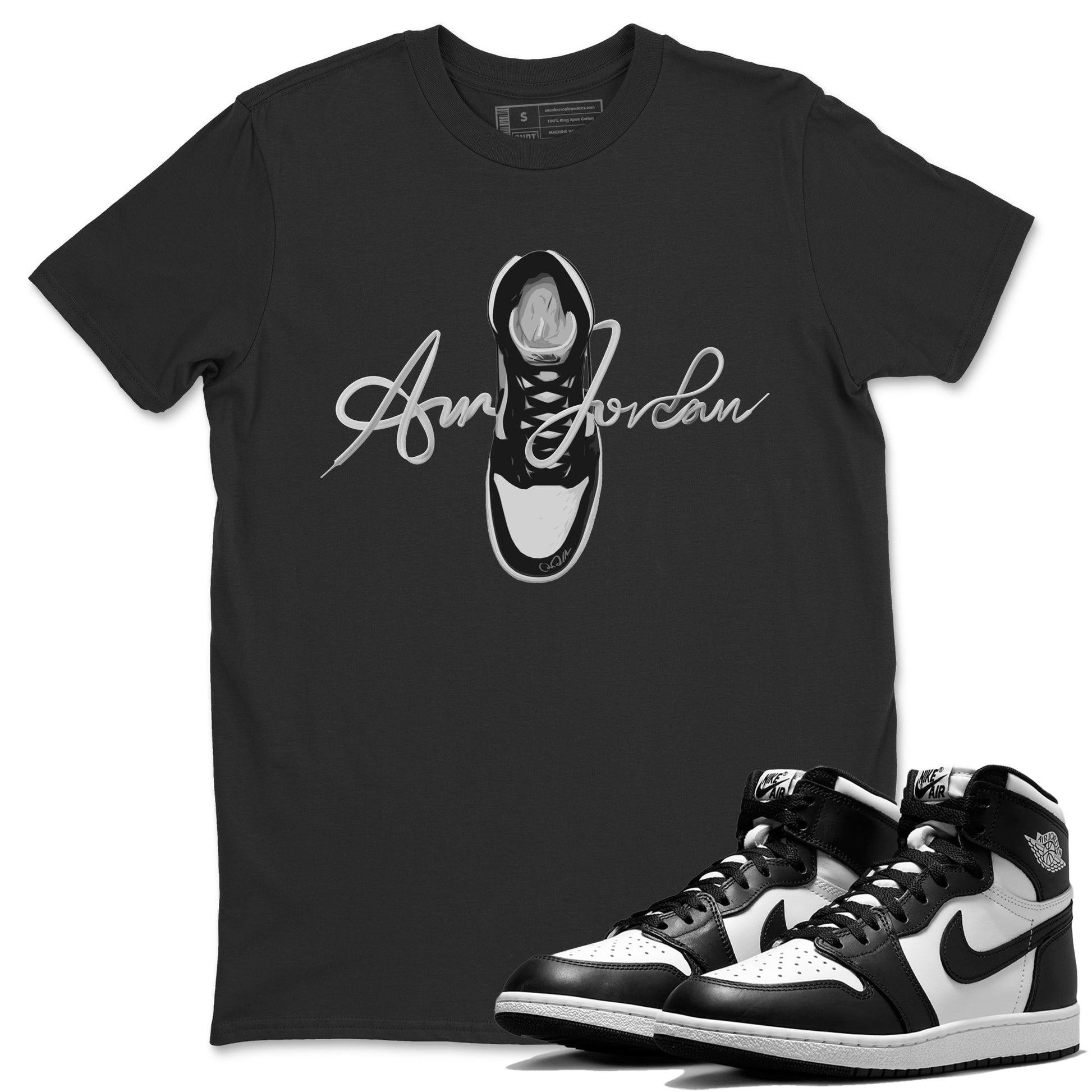 Jordan 1 Black White Sneaker Match Tees Caligraphy Shoe Lace Sneaker Tees Jordan 1 Black White Sneaker Release Tees Unisex Shirts