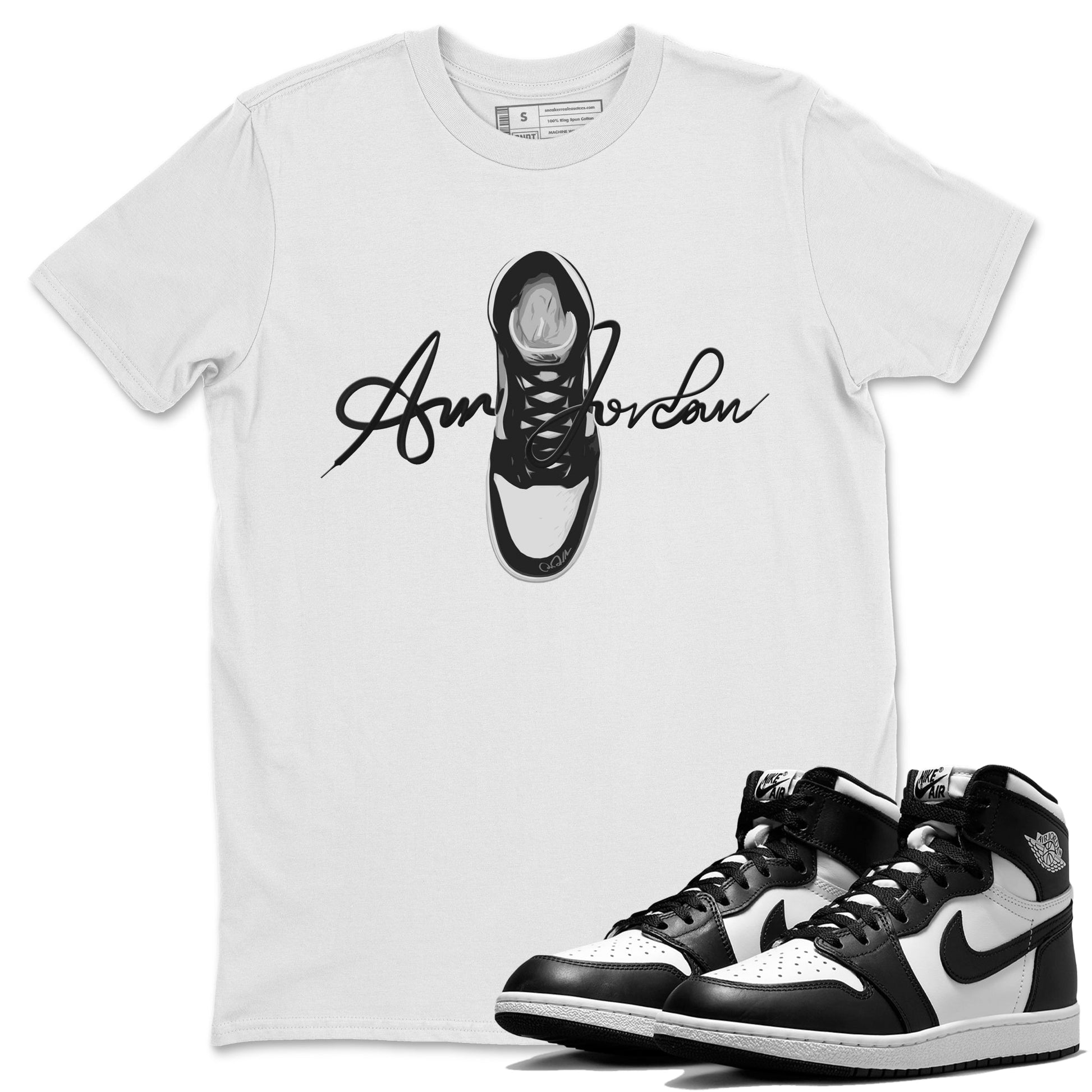 Jordan 1 Black White Sneaker Match Tees Caligraphy Shoe Lace Sneaker Tees Jordan 1 Black White Sneaker Release Tees Unisex Shirts