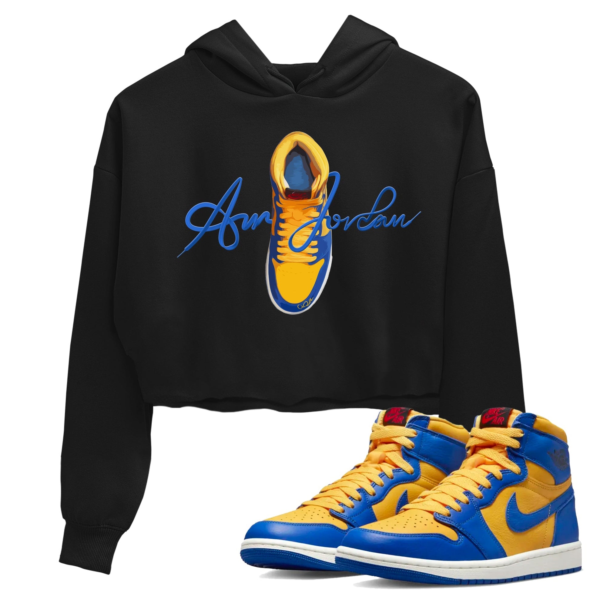 Jordan 1 Game Royal Varsity Maize Sneaker Match Tees Caligraphy Shoe Lace Sneaker Tees Jordan 1 Game Royal Varsity Maize Sneaker Release Tees Women's Shirts