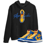 Jordan 1 Game Royal Varsity Maize Sneaker Match Tees Caligraphy Shoe Lace Sneaker Tees Jordan 1 Game Royal Varsity Maize Sneaker Release Tees Unisex Shirts