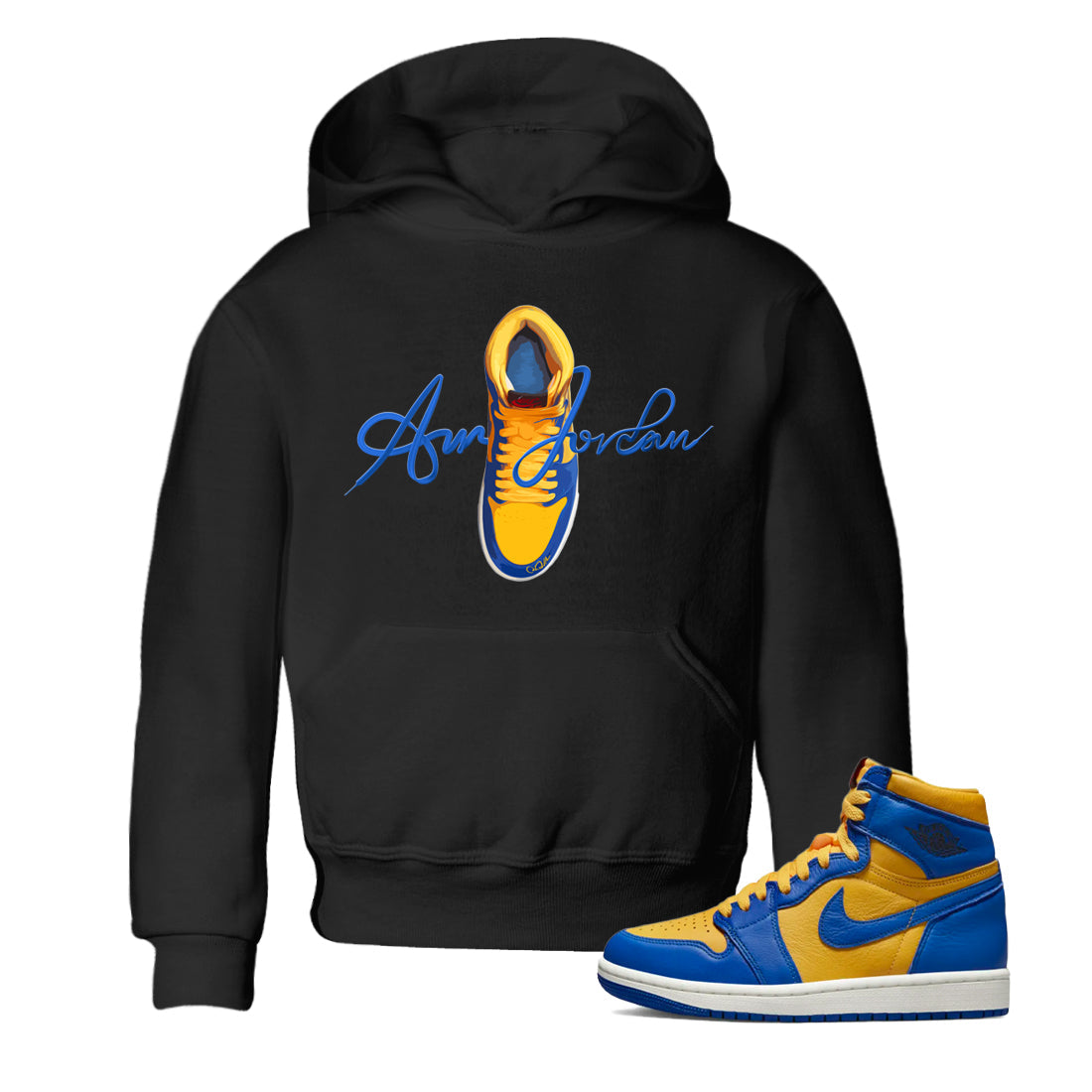 Jordan 1 Game Royal Varsity Maize Sneaker Match Tees Caligraphy Shoe Lace Sneaker Tees Jordan 1 Game Royal Varsity Maize Sneaker Release Tees Kids Shirts