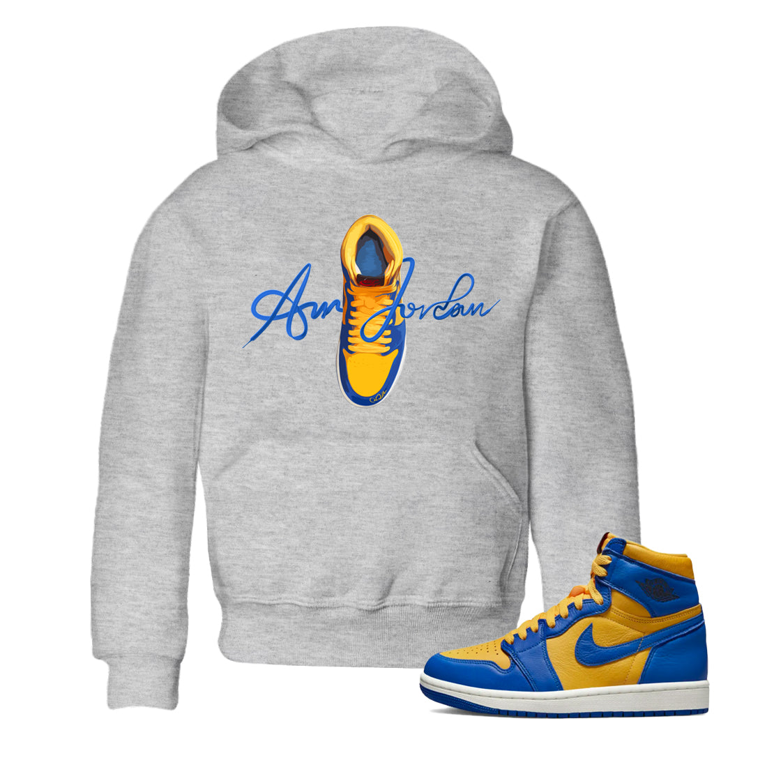 Jordan 1 Game Royal Varsity Maize Sneaker Match Tees Caligraphy Shoe Lace Sneaker Tees Jordan 1 Game Royal Varsity Maize Sneaker Release Tees Kids Shirts