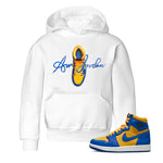 Jordan 1 Game Royal Varsity Maize Sneaker Match Tees Caligraphy Shoe Lace Sneaker Tees Jordan 1 Game Royal Varsity Maize Sneaker Release Tees Kids Shirts