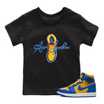 Jordan 1 Game Royal Varsity Maize Sneaker Match Tees Caligraphy Shoe Lace Sneaker Tees Jordan 1 Game Royal Varsity Maize Sneaker Release Tees Kids Shirts