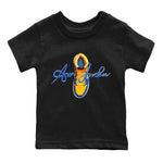 Jordan 1 Game Royal Varsity Maize Sneaker Match Tees Caligraphy Shoe Lace Sneaker Tees Jordan 1 Game Royal Varsity Maize Sneaker Release Tees Kids Shirts