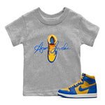 Jordan 1 Game Royal Varsity Maize Sneaker Match Tees Caligraphy Shoe Lace Sneaker Tees Jordan 1 Game Royal Varsity Maize Sneaker Release Tees Kids Shirts