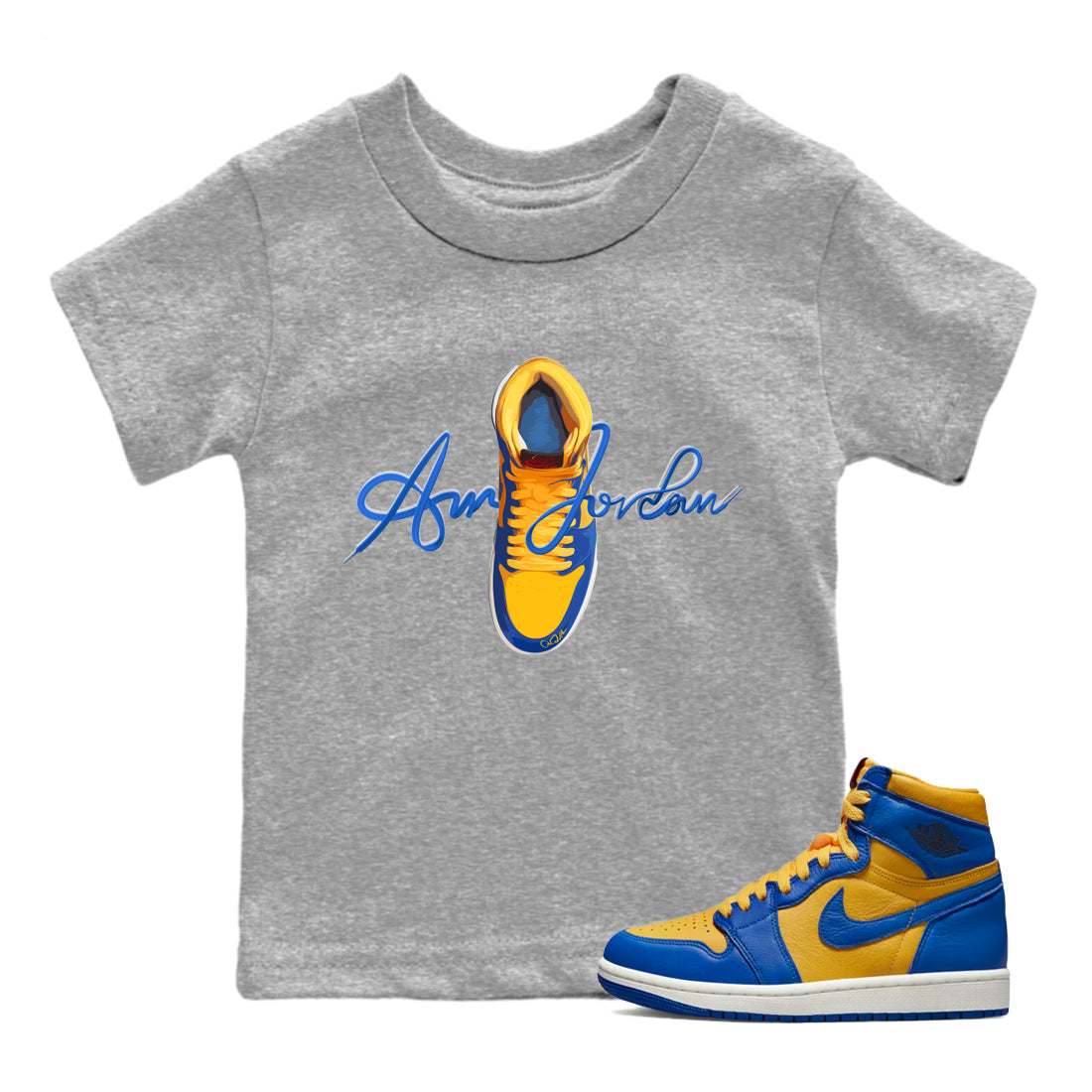 Jordan 1 Game Royal Varsity Maize Sneaker Match Tees Caligraphy Shoe Lace Sneaker Tees Jordan 1 Game Royal Varsity Maize Sneaker Release Tees Kids Shirts