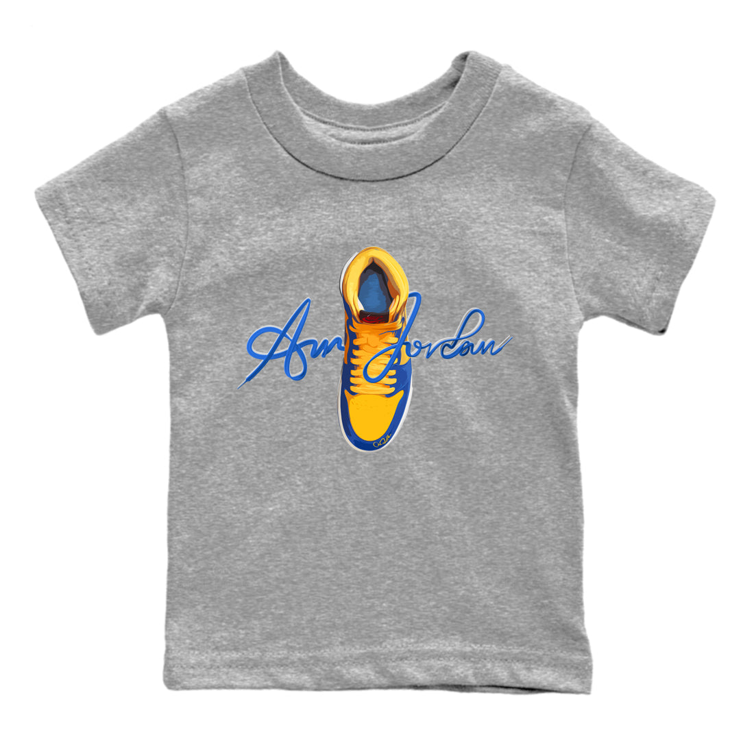 Jordan 1 Game Royal Varsity Maize Sneaker Match Tees Caligraphy Shoe Lace Sneaker Tees Jordan 1 Game Royal Varsity Maize Sneaker Release Tees Kids Shirts