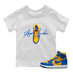 Jordan 1 Game Royal Varsity Maize Sneaker Match Tees Caligraphy Shoe Lace Sneaker Tees Jordan 1 Game Royal Varsity Maize Sneaker Release Tees Kids Shirts