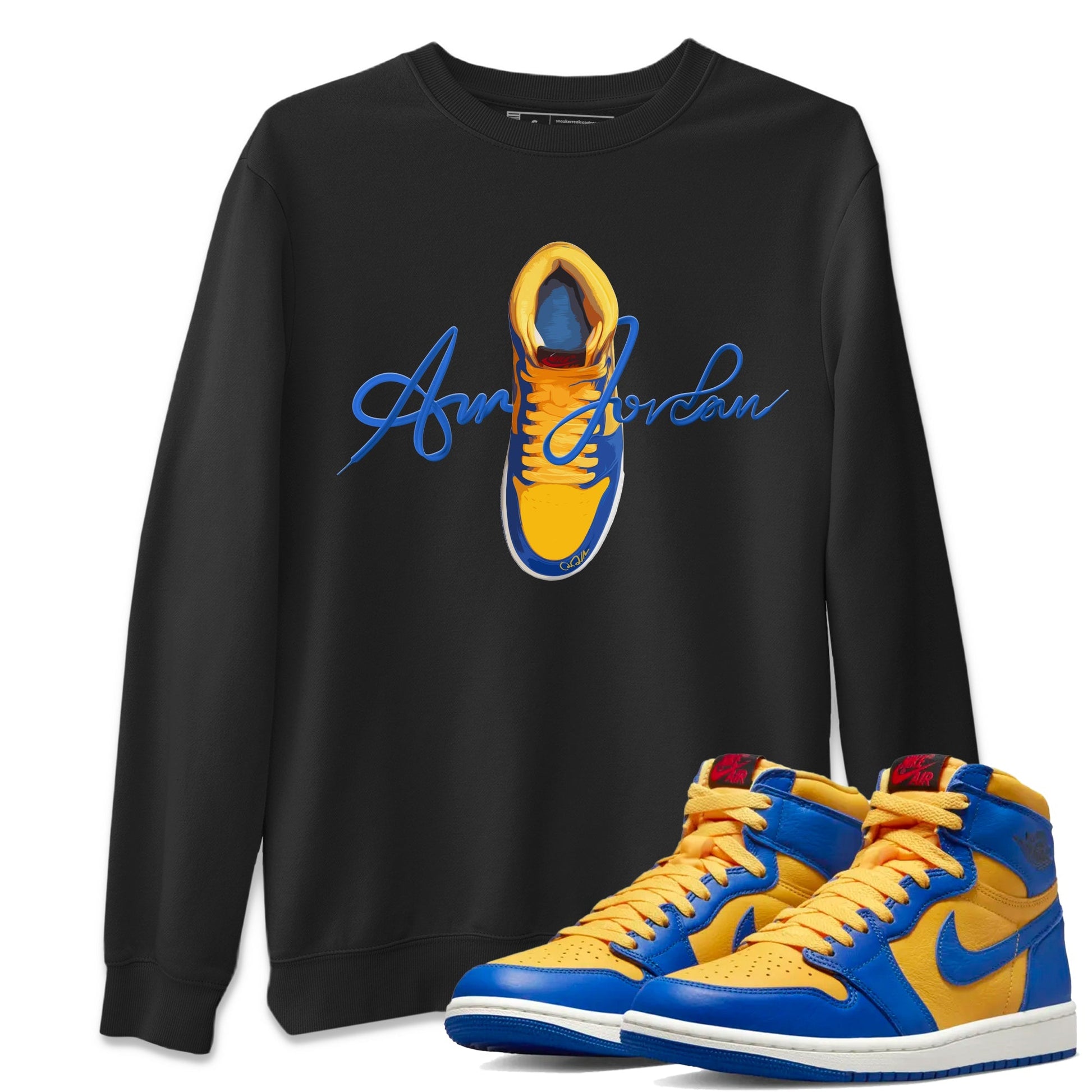 Jordan 1 Game Royal Varsity Maize Sneaker Match Tees Caligraphy Shoe Lace Sneaker Tees Jordan 1 Game Royal Varsity Maize Sneaker Release Tees Unisex Shirts