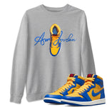 Jordan 1 Game Royal Varsity Maize Sneaker Match Tees Caligraphy Shoe Lace Sneaker Tees Jordan 1 Game Royal Varsity Maize Sneaker Release Tees Unisex Shirts