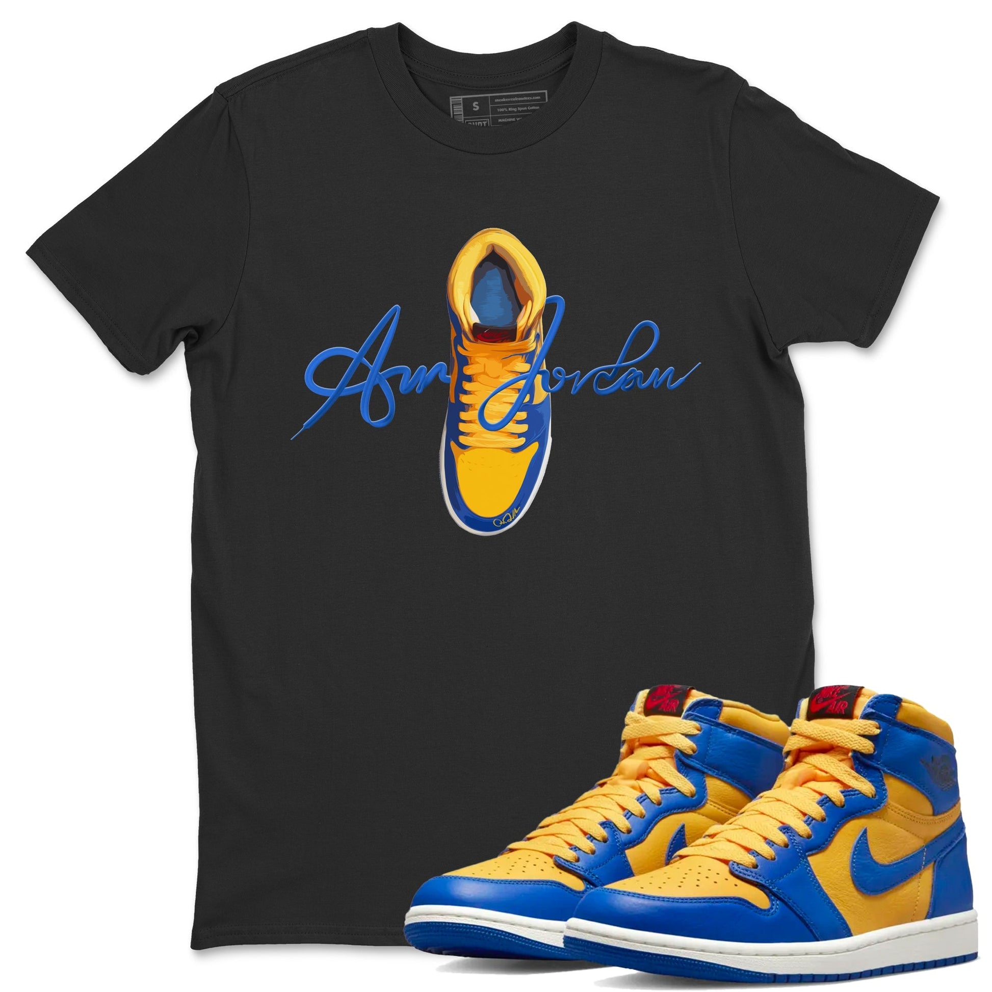 Jordan 1 Game Royal Varsity Maize Sneaker Match Tees Caligraphy Shoe Lace Sneaker Tees Jordan 1 Game Royal Varsity Maize Sneaker Release Tees Unisex Shirts