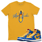 Jordan 1 Game Royal Varsity Maize Sneaker Match Tees Caligraphy Shoe Lace Sneaker Tees Jordan 1 Game Royal Varsity Maize Sneaker Release Tees Unisex Shirts