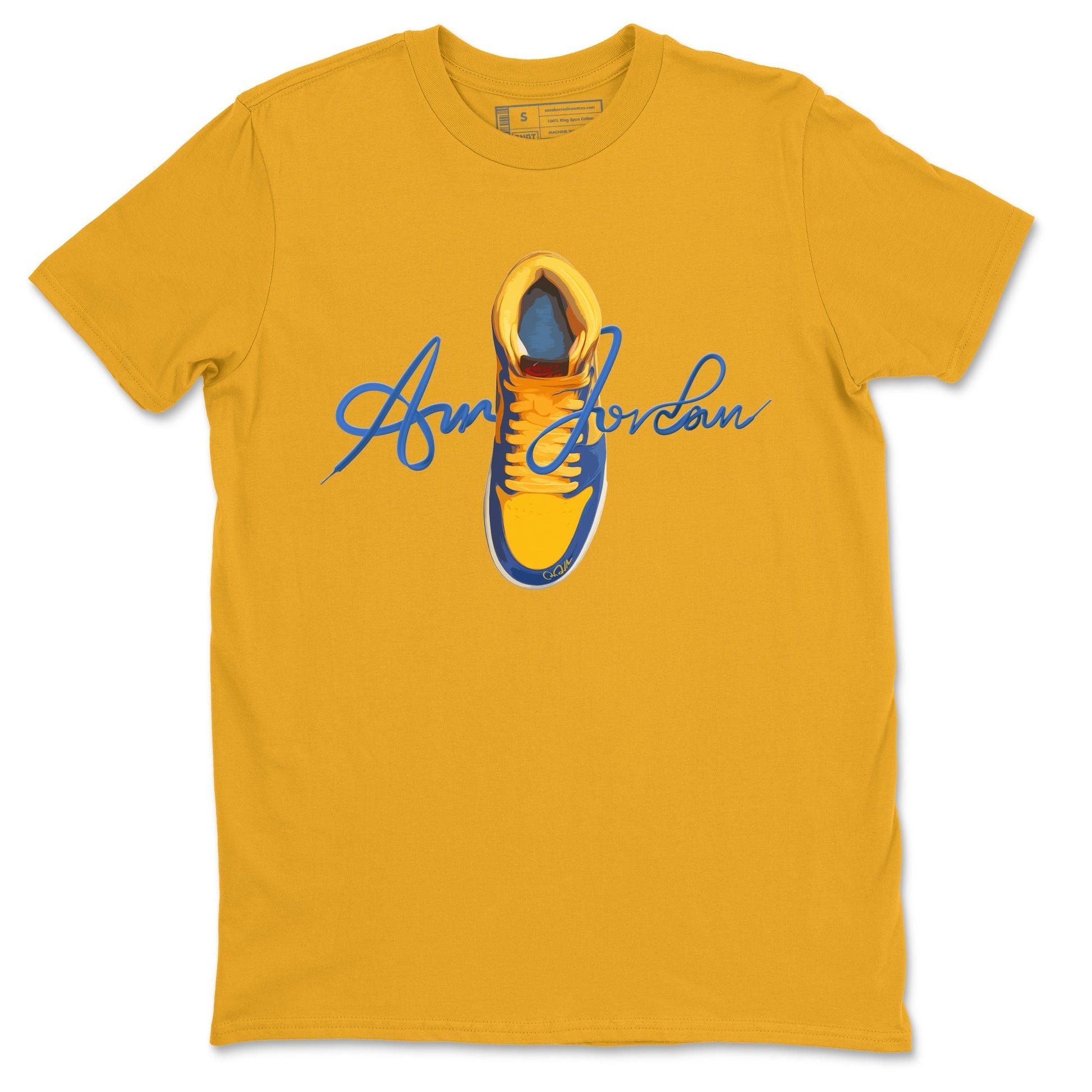 Jordan 1 Game Royal Varsity Maize Sneaker Match Tees Caligraphy Shoe Lace Sneaker Tees Jordan 1 Game Royal Varsity Maize Sneaker Release Tees Unisex Shirts