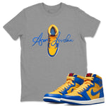 Jordan 1 Game Royal Varsity Maize Sneaker Match Tees Caligraphy Shoe Lace Sneaker Tees Jordan 1 Game Royal Varsity Maize Sneaker Release Tees Unisex Shirts