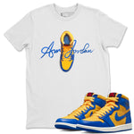 Jordan 1 Game Royal Varsity Maize Sneaker Match Tees Caligraphy Shoe Lace Sneaker Tees Jordan 1 Game Royal Varsity Maize Sneaker Release Tees Unisex Shirts