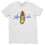 Jordan 1 Game Royal Varsity Maize Sneaker Match Tees Caligraphy Shoe Lace Sneaker Tees Jordan 1 Game Royal Varsity Maize Sneaker Release Tees Unisex Shirts