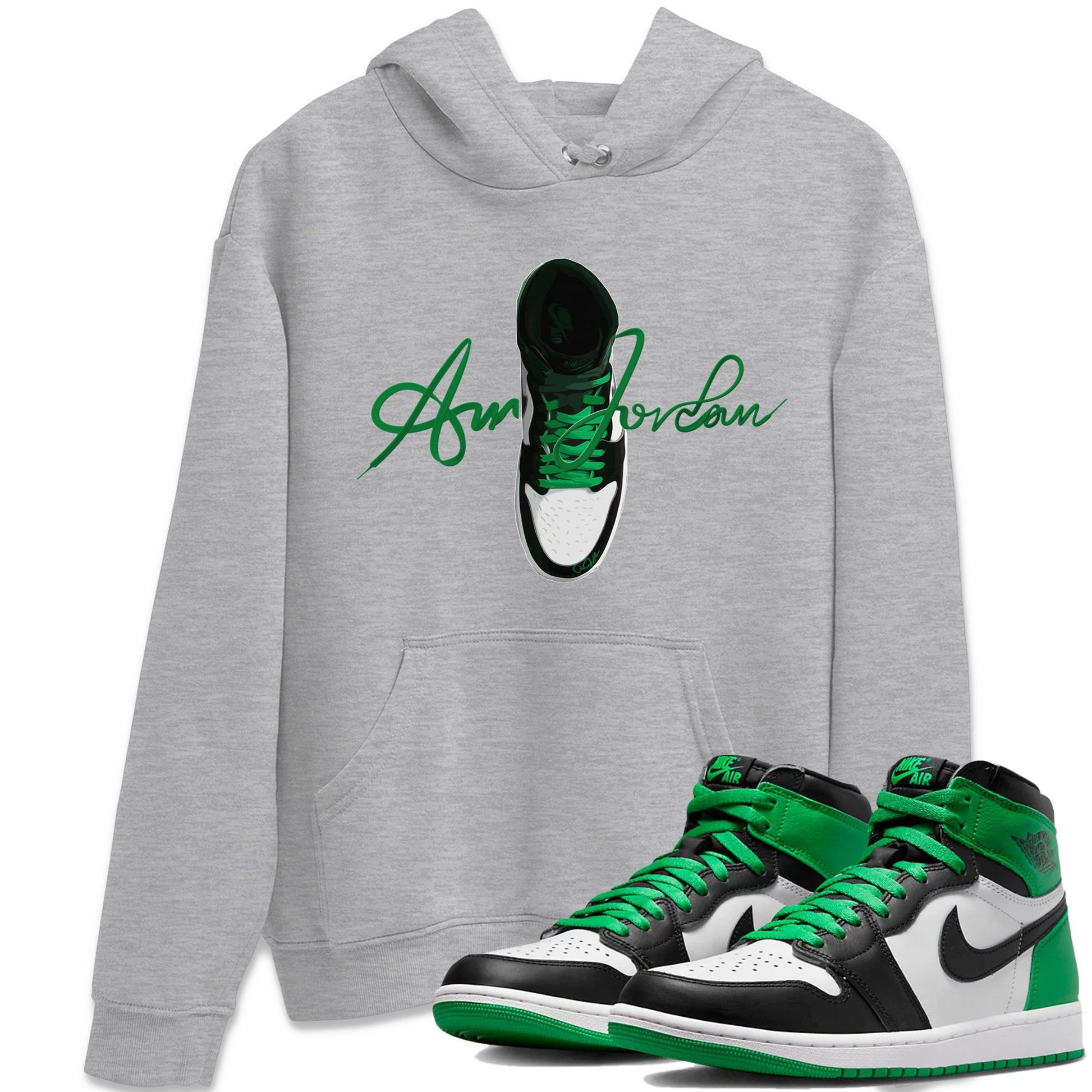 Air Jordan 1 Celtics Sneaker Match Tees Caligraphy Shoe Lace Sneaker Tees AJ1 High OG Lucky Green Sneaker Release Tees Unisex Shirts Heather Grey 1