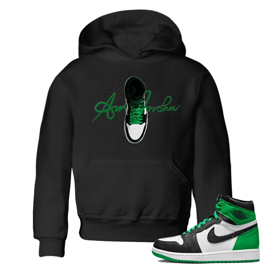 Air Jordan 1 Celtics Sneaker Match Tees Caligraphy Shoe Lace Sneaker Tees AJ1 High OG Lucky Green Sneaker Release Tees Kids Shirts Black 1