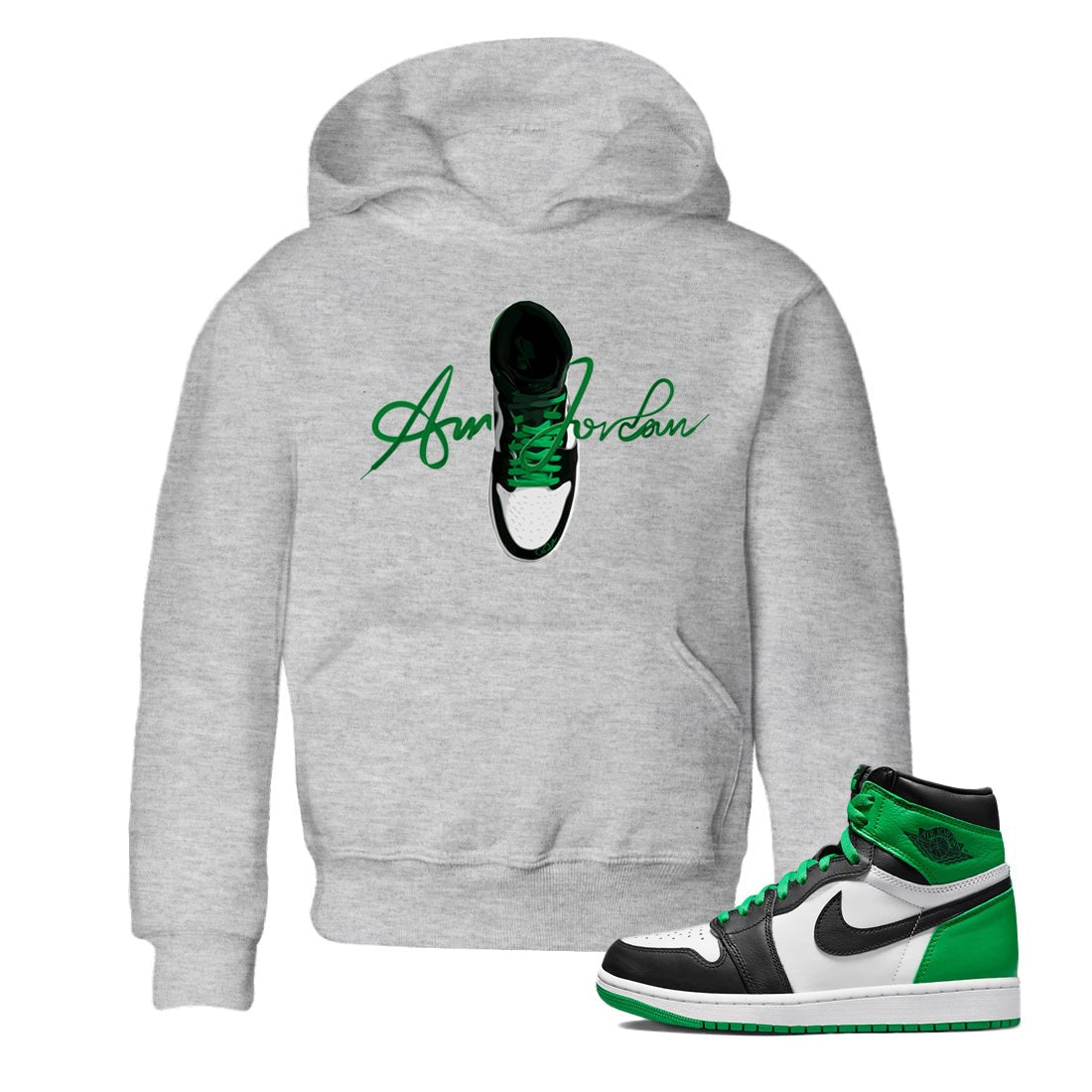 Air Jordan 1 Celtics Sneaker Match Tees Caligraphy Shoe Lace Sneaker Tees AJ1 High OG Lucky Green Sneaker Release Tees Kids Shirts Heather Grey 1