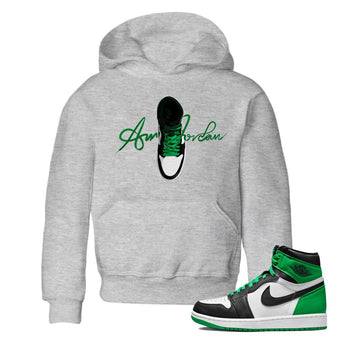 Air Jordan 1 Celtics Sneaker Match Tees Caligraphy Shoe Lace Sneaker Tees AJ1 High OG Lucky Green Sneaker Release Tees Kids Shirts Heather Grey 1