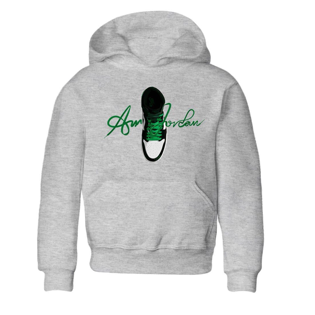 Air Jordan 1 Celtics Sneaker Match Tees Caligraphy Shoe Lace Sneaker Tees AJ1 High OG Lucky Green Sneaker Release Tees Kids Shirts Heather Grey 2