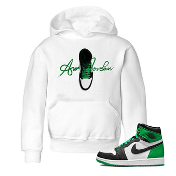 Air Jordan 1 Celtics Sneaker Match Tees Caligraphy Shoe Lace Sneaker Tees AJ1 High OG Lucky Green Sneaker Release Tees Kids Shirts White 1