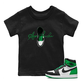 Air Jordan 1 Celtics Sneaker Match Tees Caligraphy Shoe Lace Sneaker Tees AJ1 High OG Lucky Green Sneaker Release Tees Kids Shirts Black 1