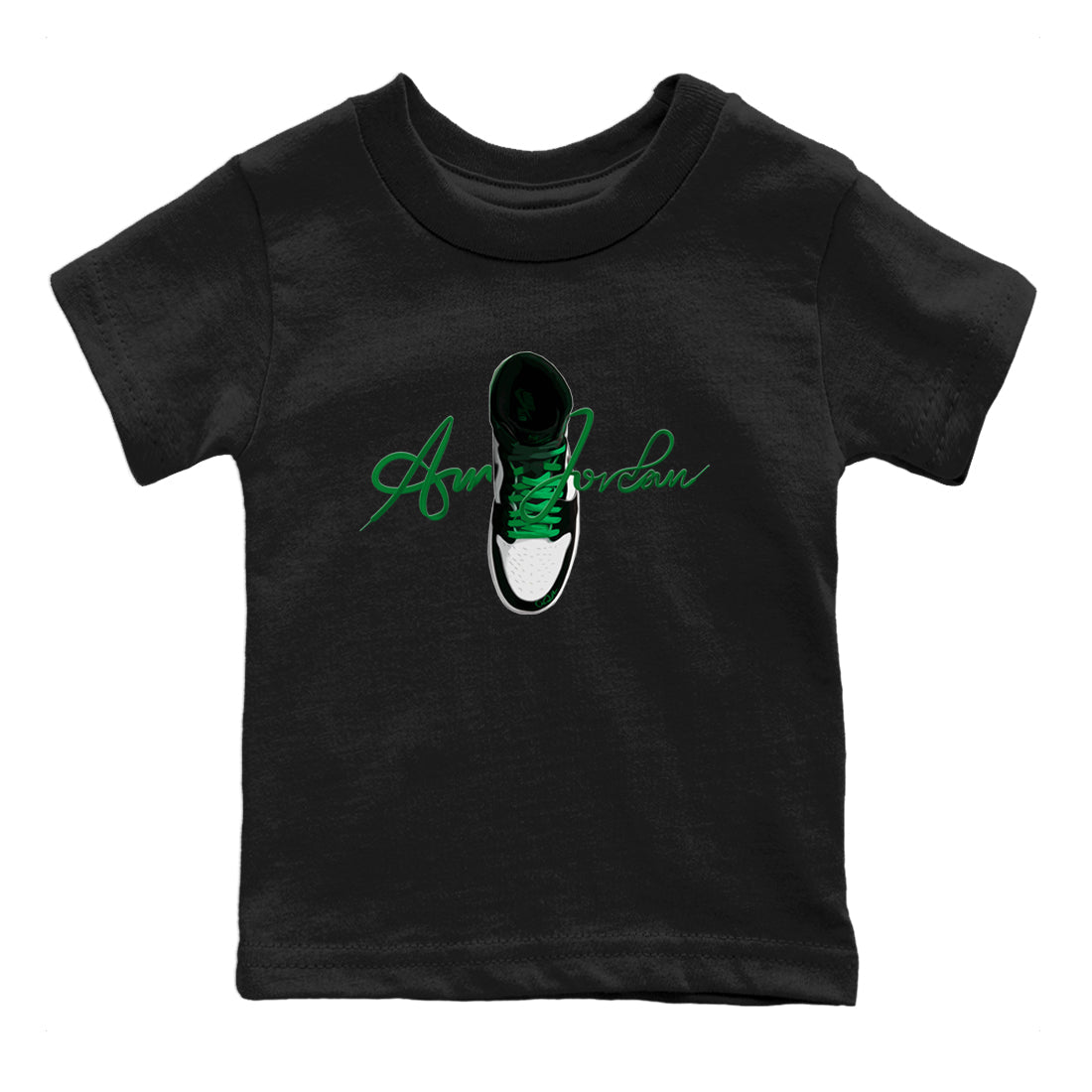 Air Jordan 1 Celtics Sneaker Match Tees Caligraphy Shoe Lace Sneaker Tees AJ1 High OG Lucky Green Sneaker Release Tees Kids Shirts Black 2