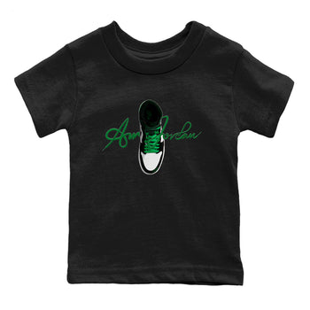 Air Jordan 1 Celtics Sneaker Match Tees Caligraphy Shoe Lace Sneaker Tees AJ1 High OG Lucky Green Sneaker Release Tees Kids Shirts Black 2