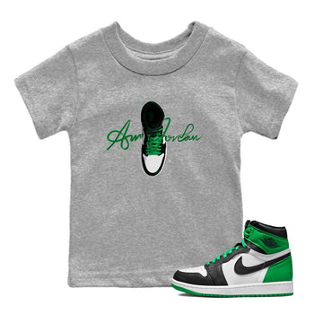 Air Jordan 1 Celtics Sneaker Match Tees Caligraphy Shoe Lace Sneaker Tees AJ1 High OG Lucky Green Sneaker Release Tees Kids Shirts Heather Grey 1