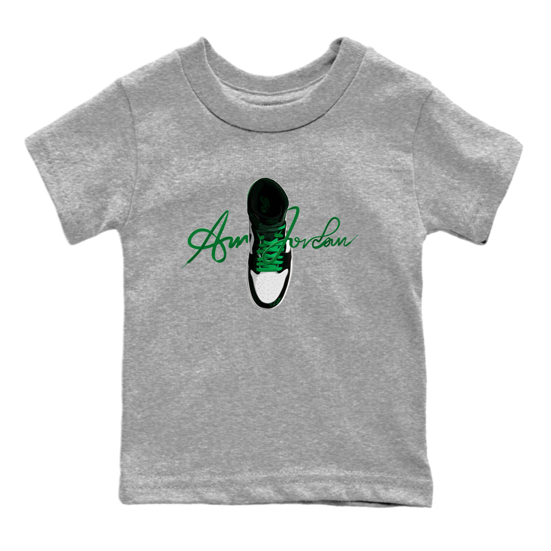 Air Jordan 1 Celtics Sneaker Match Tees Caligraphy Shoe Lace Sneaker Tees AJ1 High OG Lucky Green Sneaker Release Tees Kids Shirts Heather Grey 2