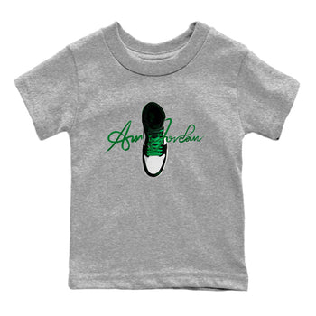 Air Jordan 1 Celtics Sneaker Match Tees Caligraphy Shoe Lace Sneaker Tees AJ1 High OG Lucky Green Sneaker Release Tees Kids Shirts Heather Grey 2