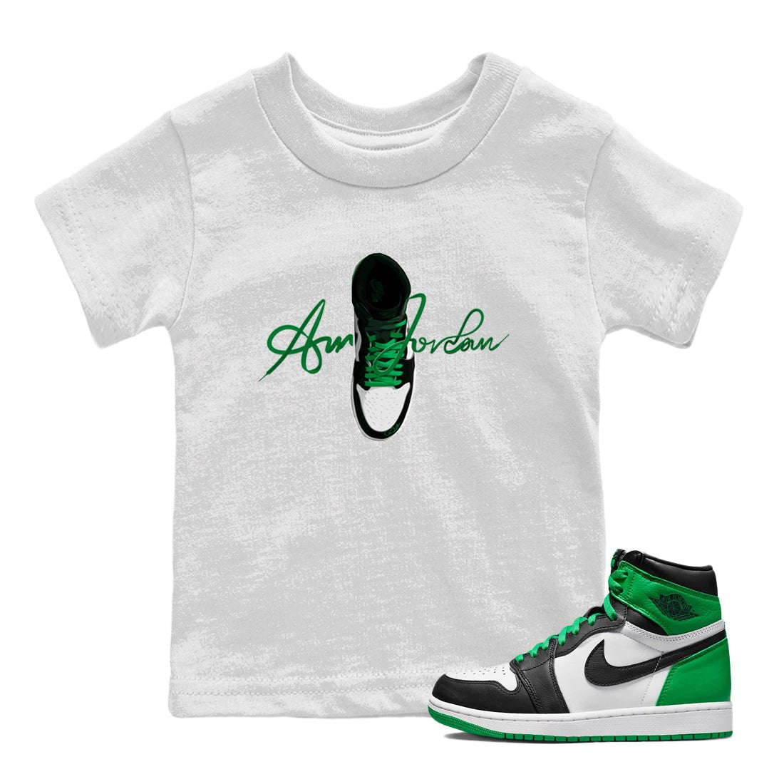 Air Jordan 1 Celtics Sneaker Match Tees Caligraphy Shoe Lace Sneaker Tees AJ1 High OG Lucky Green Sneaker Release Tees Kids Shirts White 1