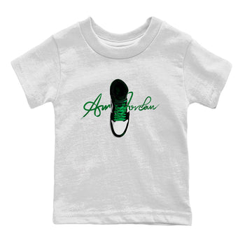 Air Jordan 1 Celtics Sneaker Match Tees Caligraphy Shoe Lace Sneaker Tees AJ1 High OG Lucky Green Sneaker Release Tees Kids Shirts White 2