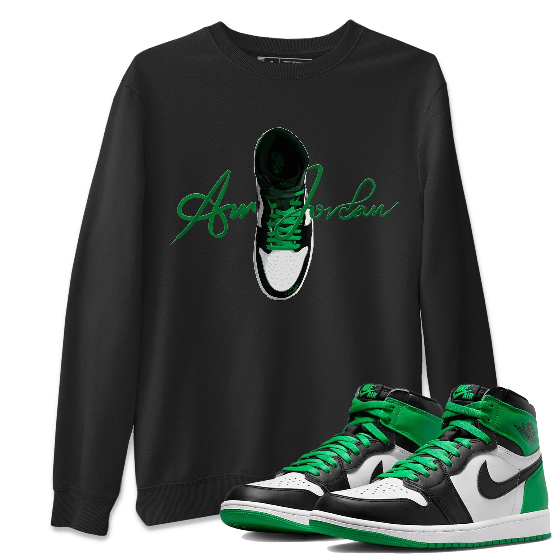 Air Jordan 1 Celtics Sneaker Match Tees Caligraphy Shoe Lace Sneaker Tees AJ1 High OG Lucky Green Sneaker Release Tees Unisex Shirts Black 1