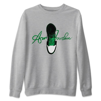 Air Jordan 1 Celtics Sneaker Match Tees Caligraphy Shoe Lace Sneaker Tees AJ1 High OG Lucky Green Sneaker Release Tees Unisex Shirts Heather Grey 2