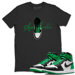 Air Jordan 1 Celtics Sneaker Match Tees Caligraphy Shoe Lace Sneaker Tees AJ1 High OG Lucky Green Sneaker Release Tees Unisex Shirts Black 1