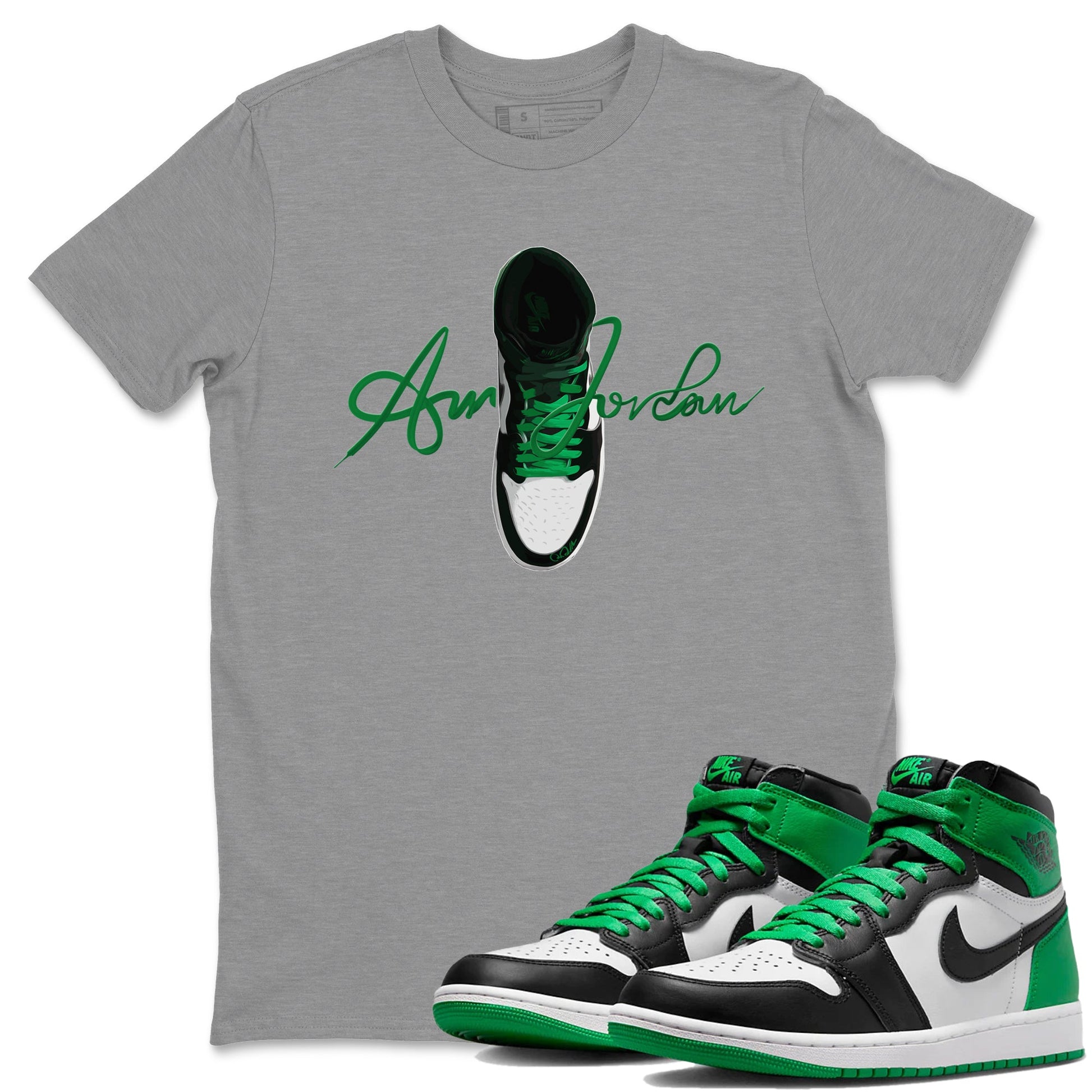 Air Jordan 1 Celtics Sneaker Match Tees Caligraphy Shoe Lace Sneaker Tees AJ1 High OG Lucky Green Sneaker Release Tees Unisex Shirts Heather Grey 1