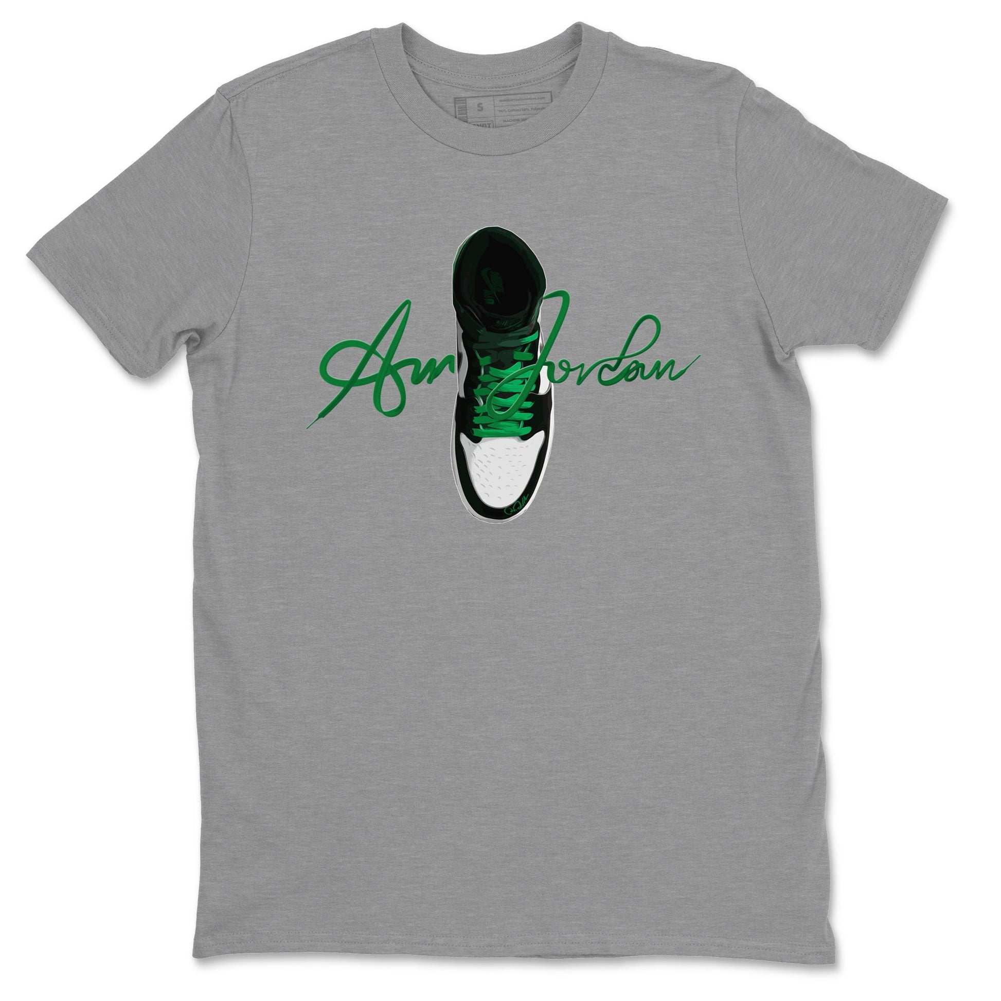 Air Jordan 1 Celtics Sneaker Match Tees Caligraphy Shoe Lace Sneaker Tees AJ1 High OG Lucky Green Sneaker Release Tees Unisex Shirts Heather Grey 2