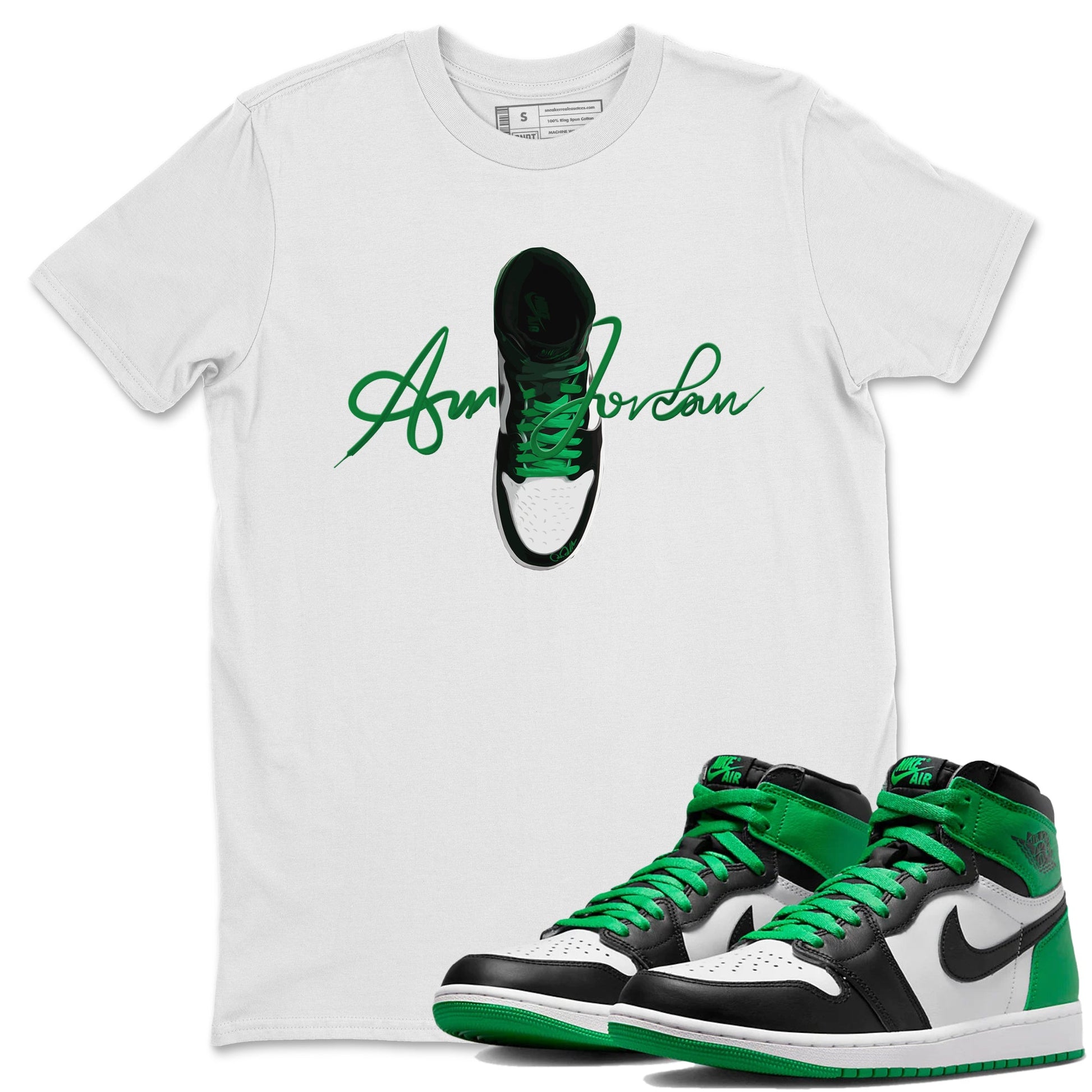 Air Jordan 1 Celtics Sneaker Match Tees Caligraphy Shoe Lace Sneaker Tees AJ1 High OG Lucky Green Sneaker Release Tees Unisex Shirts White 1