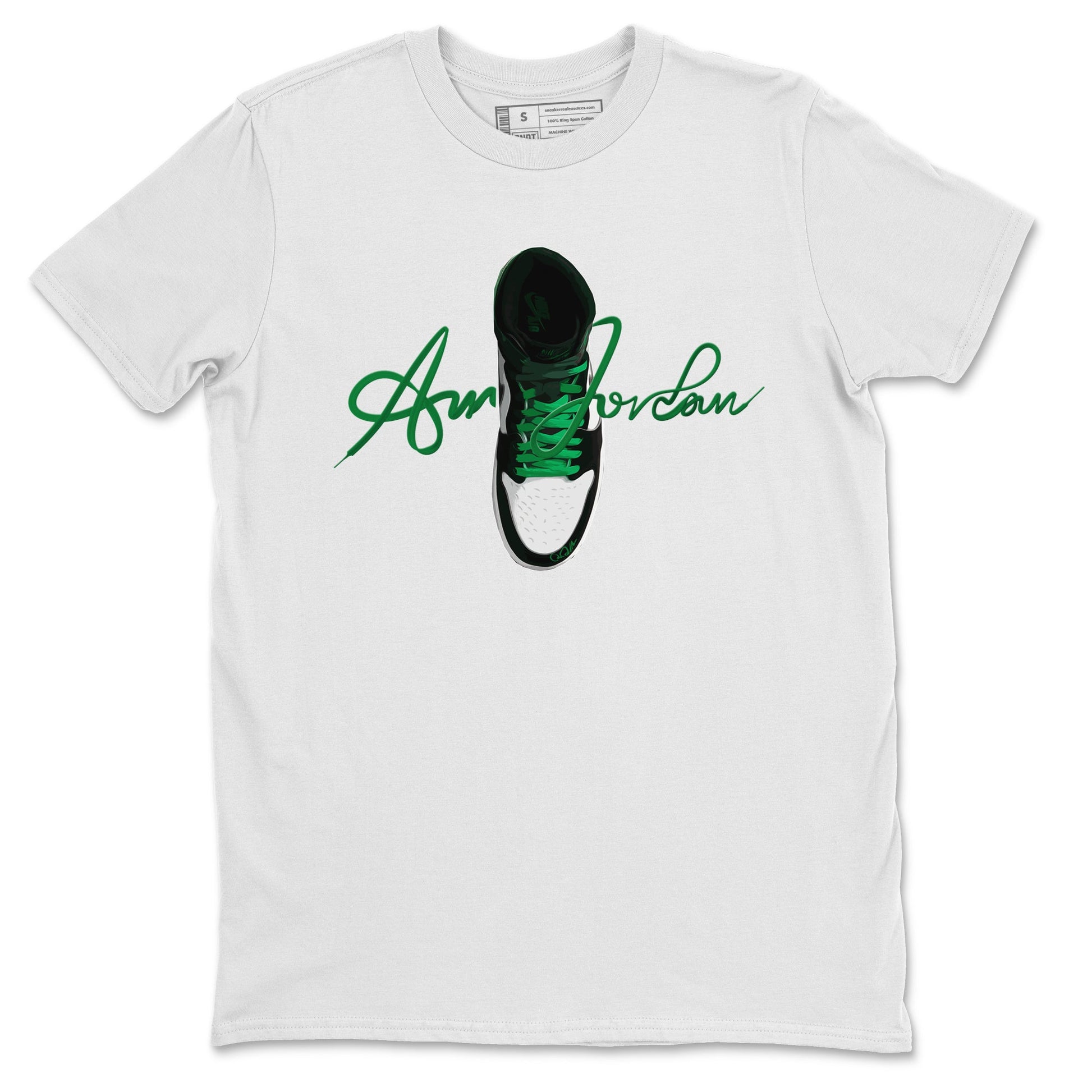 Air Jordan 1 Celtics Sneaker Match Tees Caligraphy Shoe Lace Sneaker Tees AJ1 High OG Lucky Green Sneaker Release Tees Unisex Shirts White 2