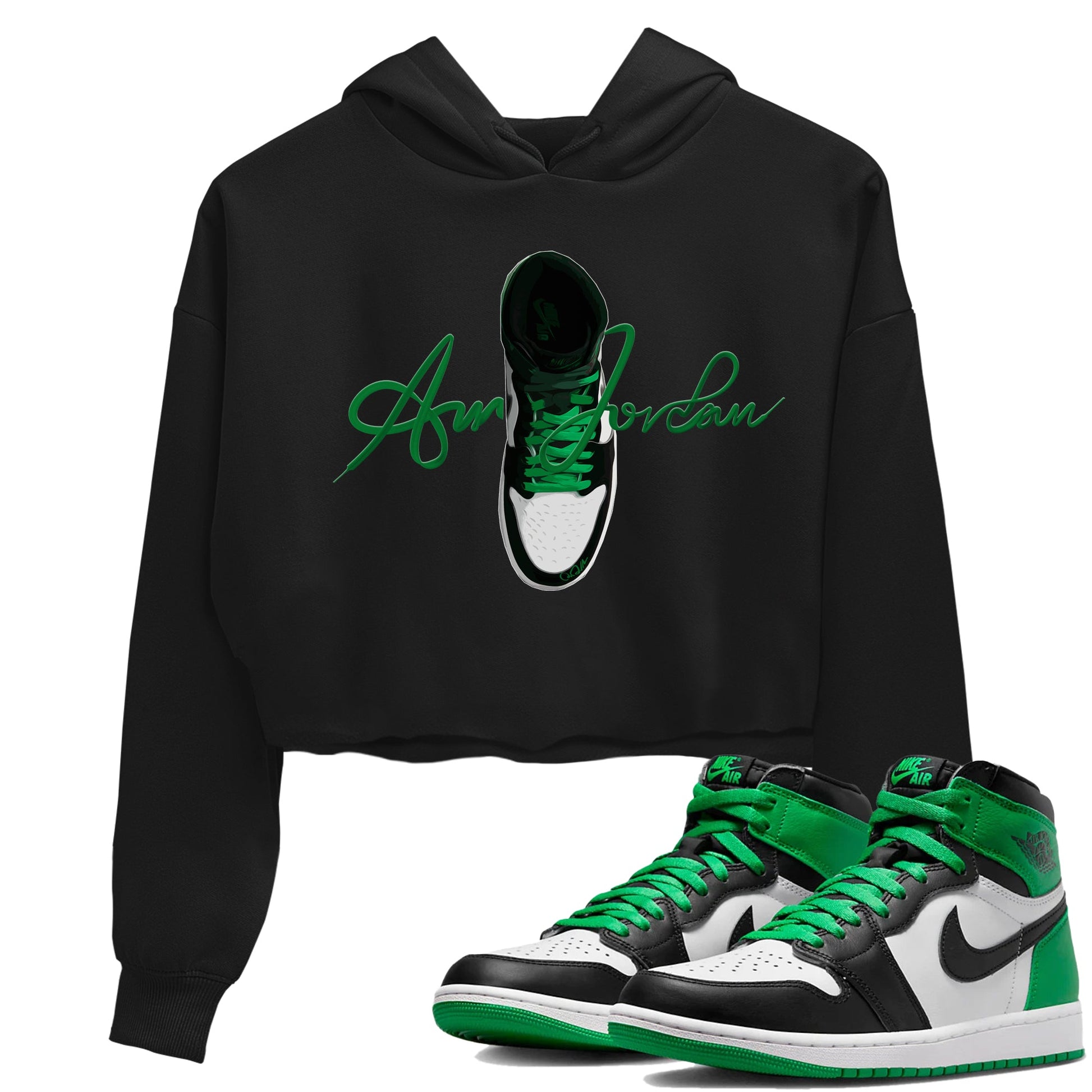 Air Jordan 1 Celtics Sneaker Match Tees Caligraphy Shoe Lace Sneaker Tees AJ1 High OG Lucky Green Sneaker Release Tees Women's Shirts Black 1