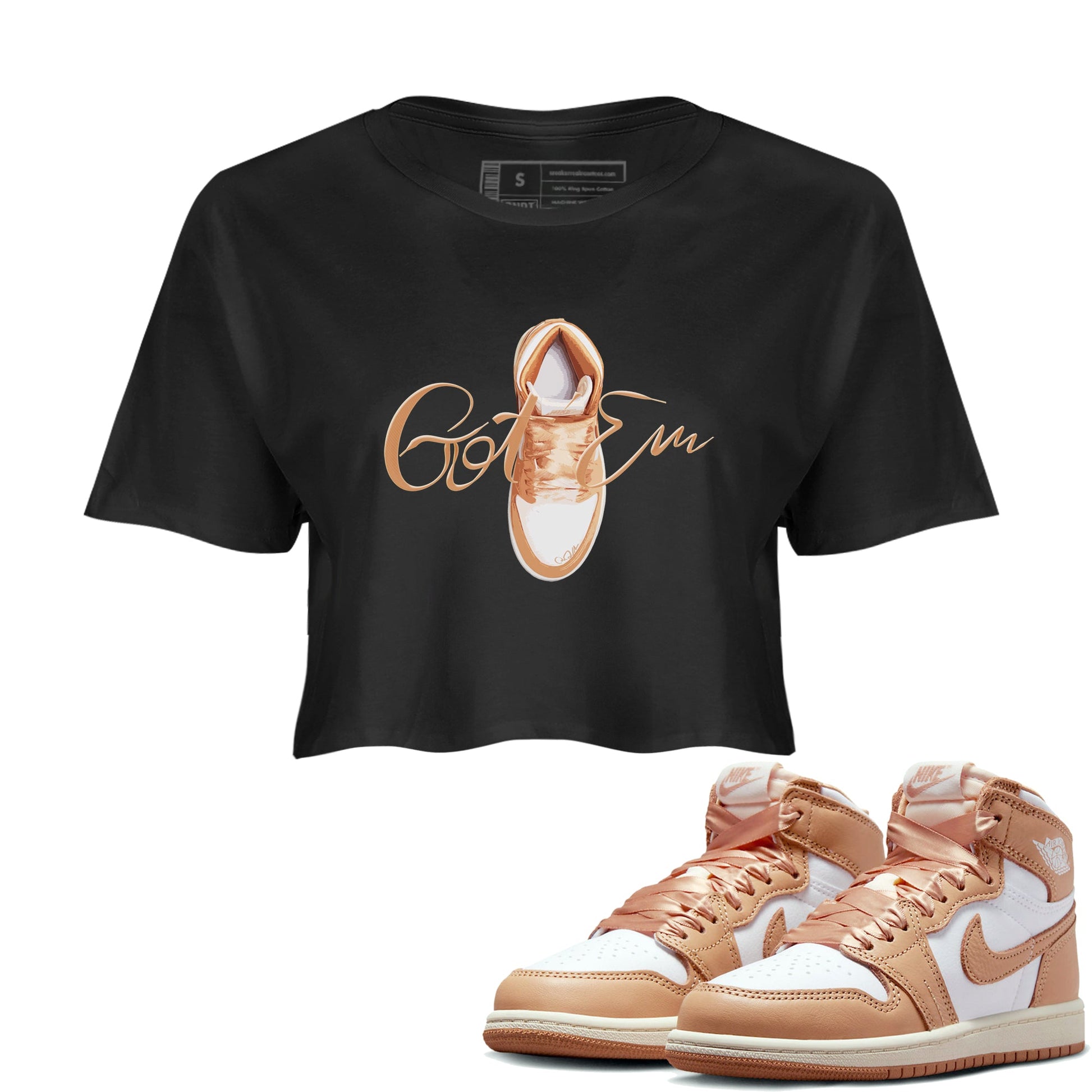 Air Jordan 1 Praline shirt to match jordans Caligraphy Shoe Lace sneaker tees AJ1Praline SNRT Sneaker Release Tees Black 1 Crop T-Shirt