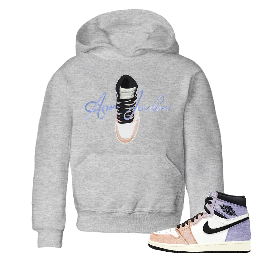 Air Jordan 1 Skyline Sneaker Match Tees Caligraphy Shoe Lace Sneaker Tees AJ1 Skyline Sneaker Release Tees Kids Shirts Heather Grey 1