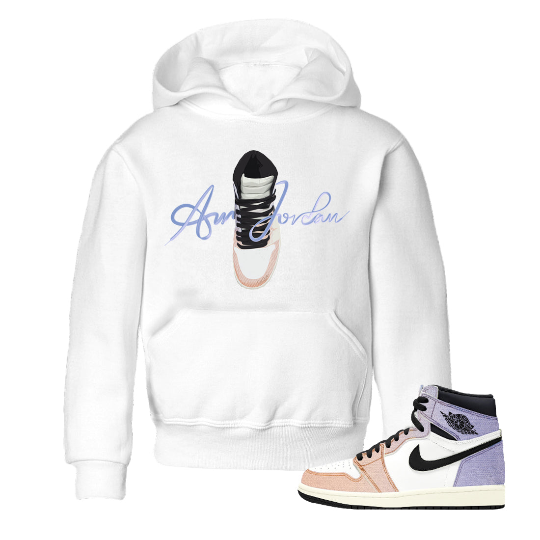 Air Jordan 1 Skyline Sneaker Match Tees Caligraphy Shoe Lace Sneaker Tees AJ1 Skyline Sneaker Release Tees Kids Shirts White 1