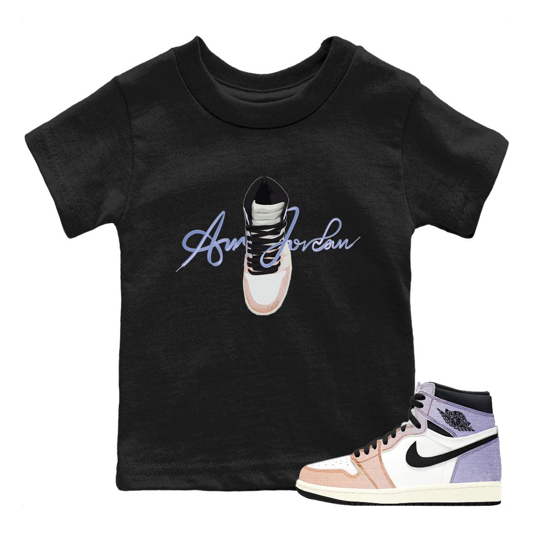 Air Jordan 1 Skyline Sneaker Match Tees Caligraphy Shoe Lace Sneaker Tees AJ1 Skyline Sneaker Release Tees Kids Shirts Black 1