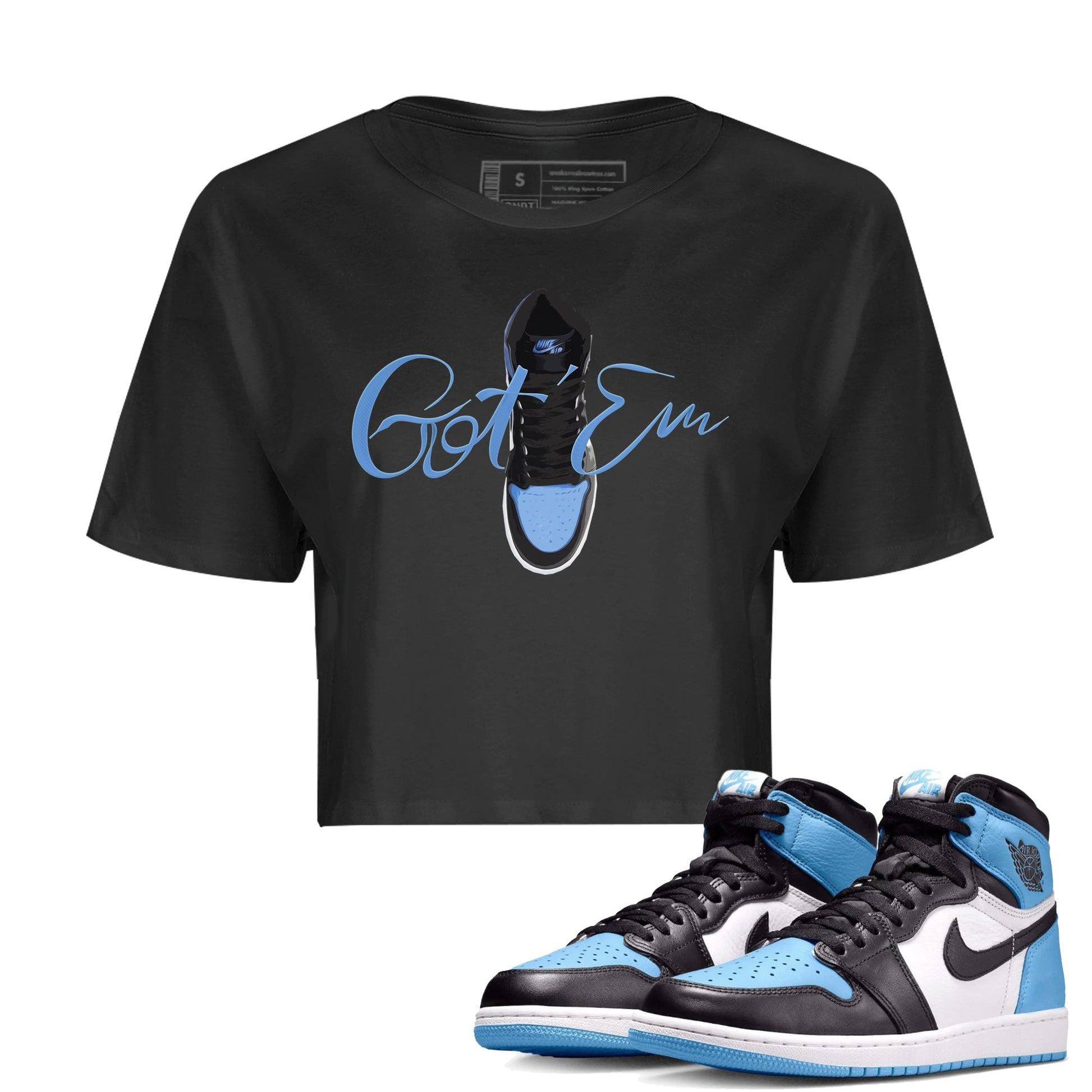 Air Jordan 1 Retro High OG UNC Toe Shirt to match Jordans Caligraphy Shoe Lace Sneaker Tees 1s UNC Toe SNRT Sneaker Release Tees Crop T-Shirts Black 1